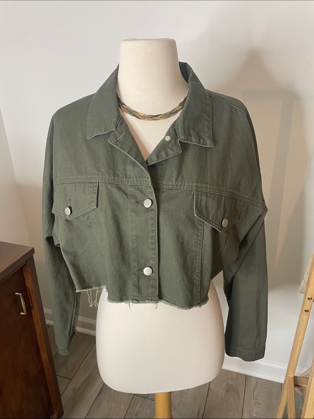 Wild Honey Cropped Olive Green Jean Jacket